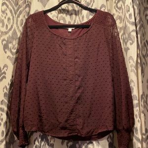 LC Lauren Conrad Long Sleeve Swiss Dot Top Maroon Wine